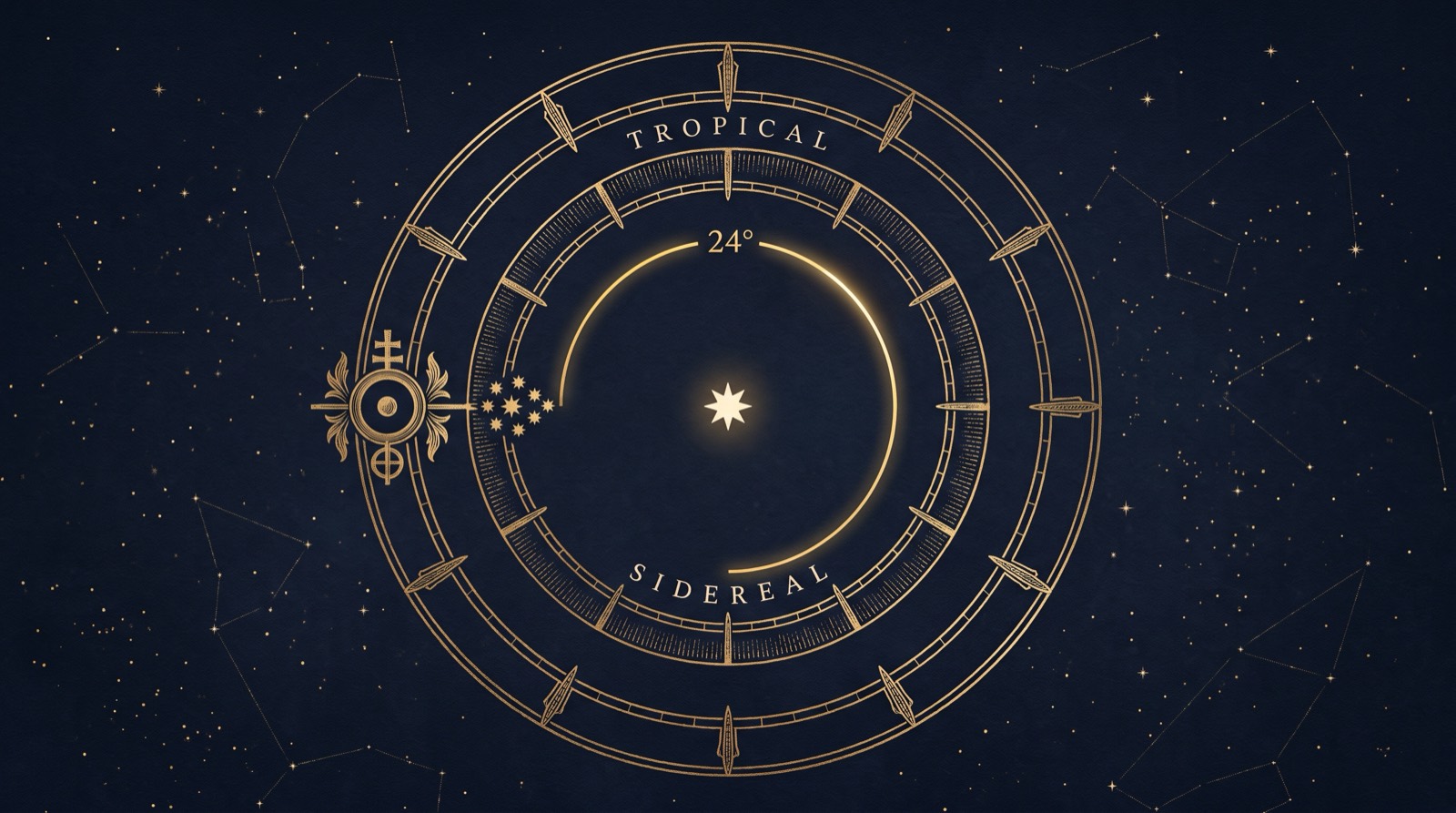 Two concentric gold zodiac rings on a navy star field, labeled Tropical and Sidereal, offset from each other by a glowing arc marked 24 degrees